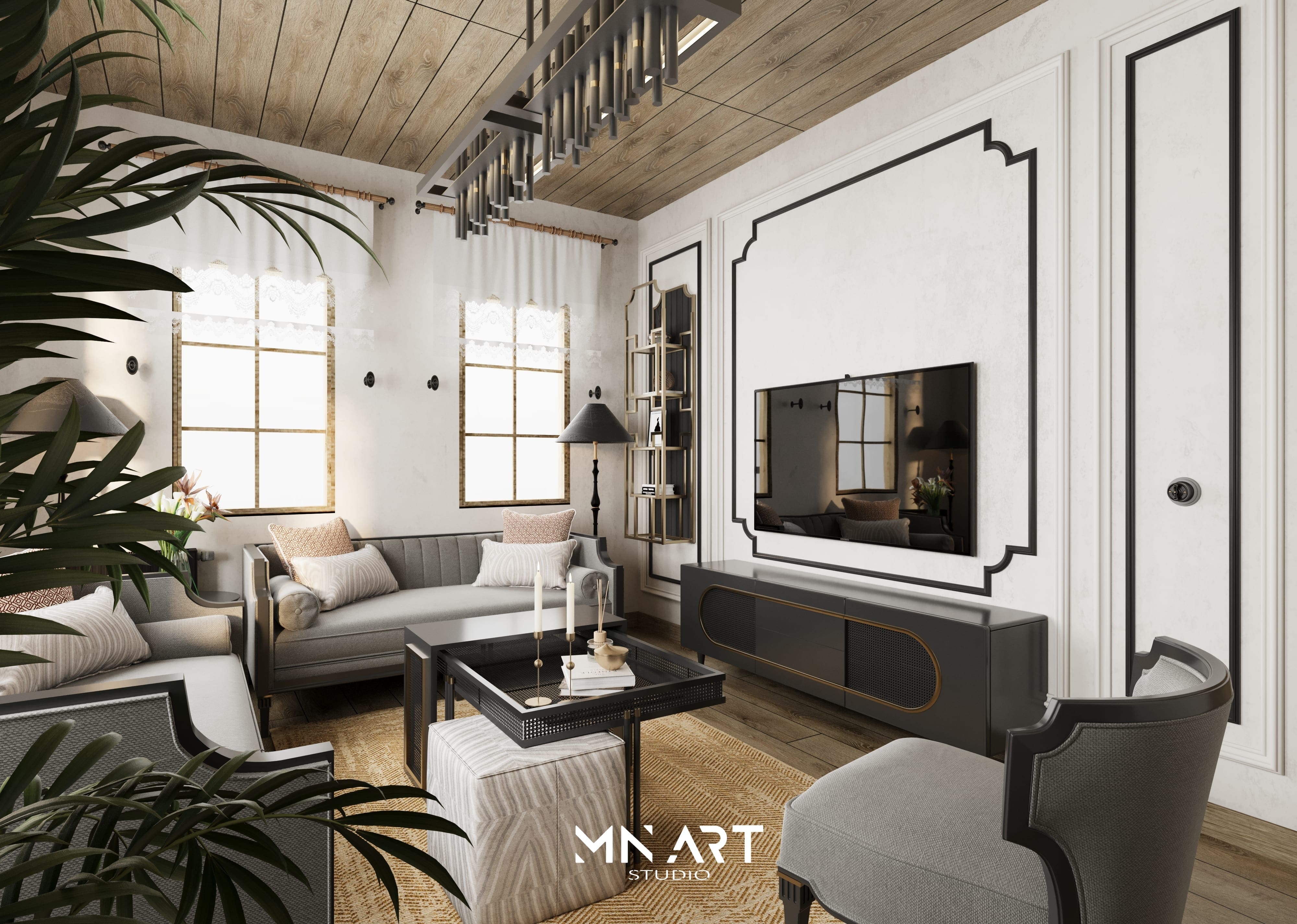 Modern oturma odası tasarımı, gri koltuk takımı ve ahşap tavan detaylarıyla şık dekorasyon