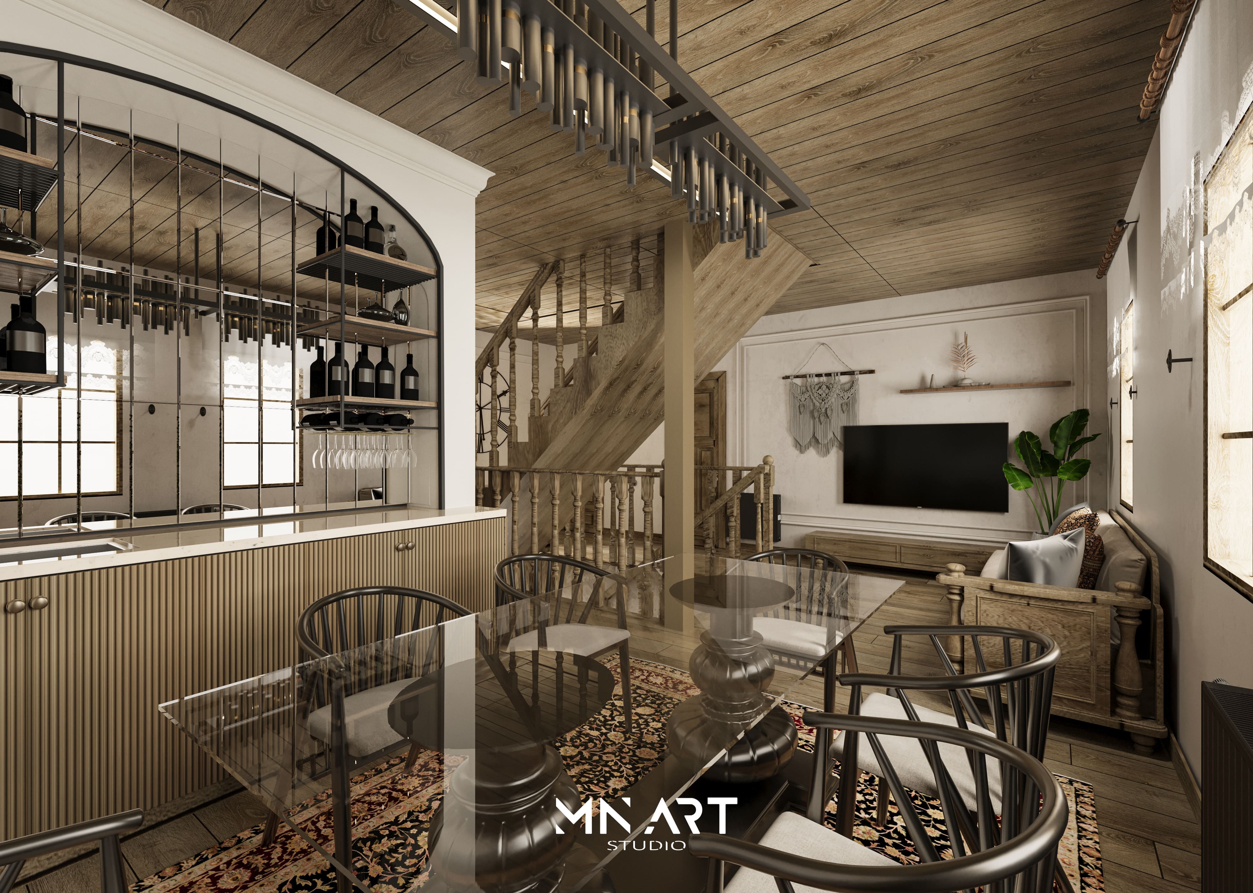 Rustik iç mekan tasarımı, ahşap tavan ve merdiven detayları, modern bar alanı ve zarif yemek masasıyla estetik bir yaşam alanı.