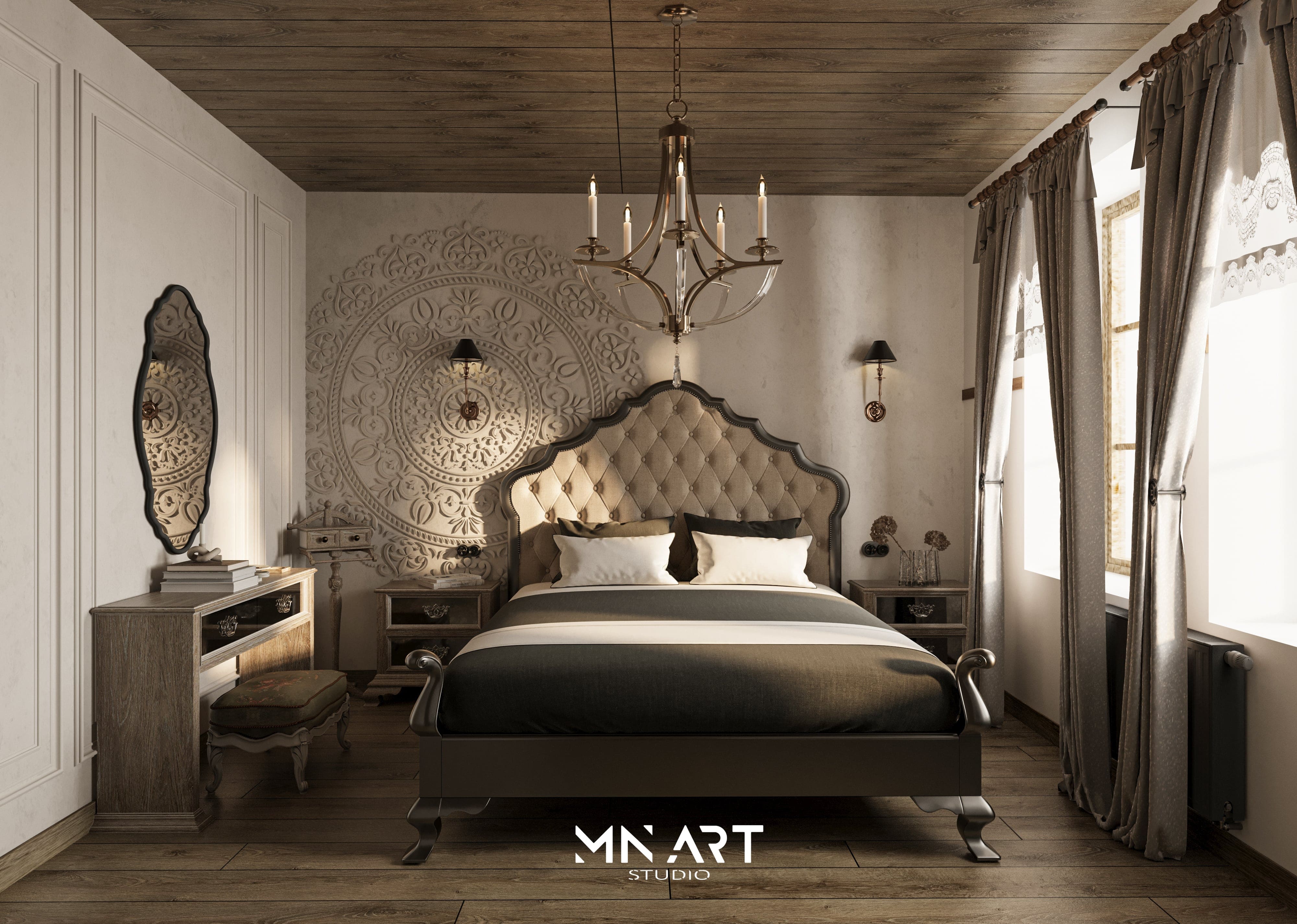 Tarihî Ay Konak yatak odası, ahşap detaylar ve mobilyalar.